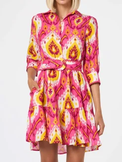 Abito corto da donna in lino con stampa ikat