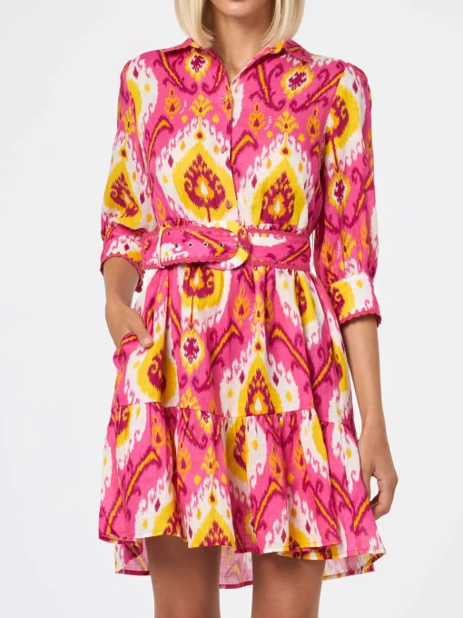 Abito corto da donna in lino con stampa ikat