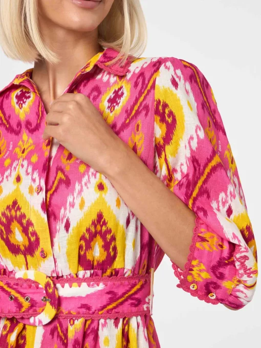 Abito corto da donna in lino con stampa ikat
