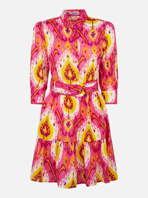 Abito corto da donna in lino con stampa ikat