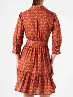 Abito corto in cotone stampa animalier con ricami