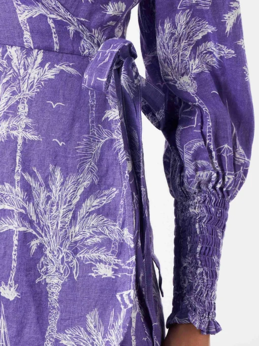 Abito corto in lino brillante con stampa toile de jouy