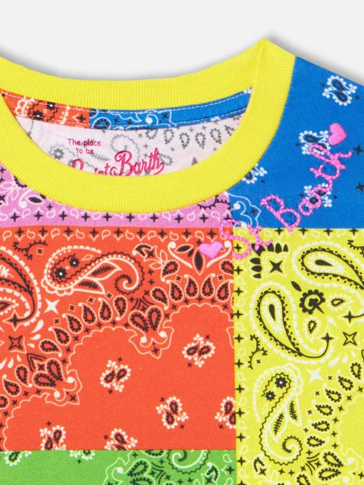 Abito da bambina in cotone con stampa bandana fluo