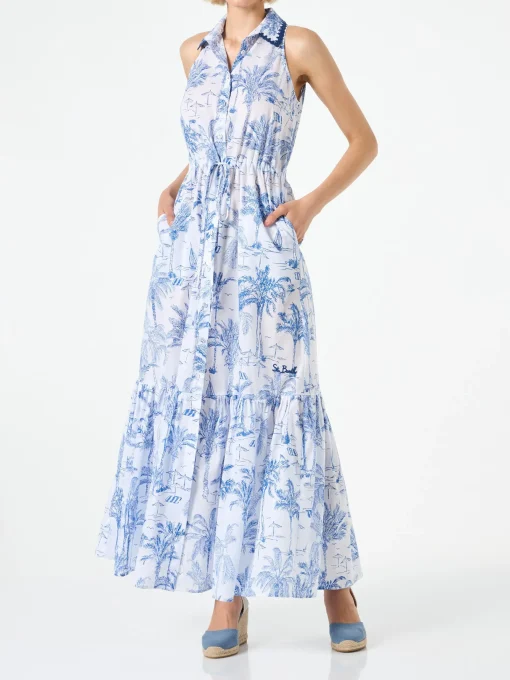 Abito da donna allacciato al collo con stampa toile de jouy