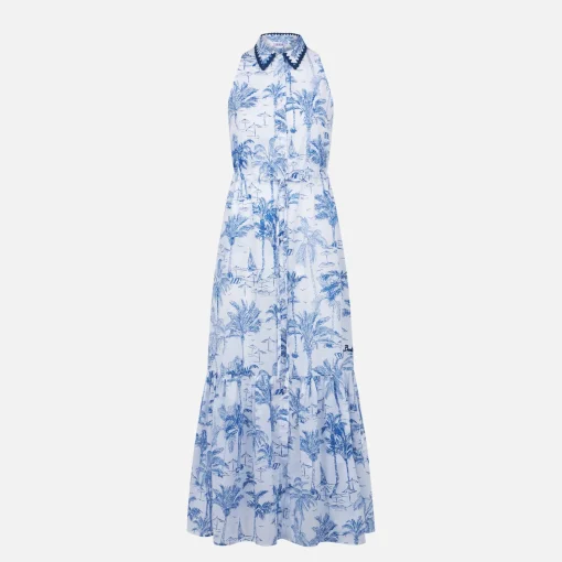 Abito da donna allacciato al collo con stampa toile de jouy