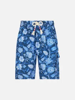 Bermuda da uomo in lino blu con stampa fiori