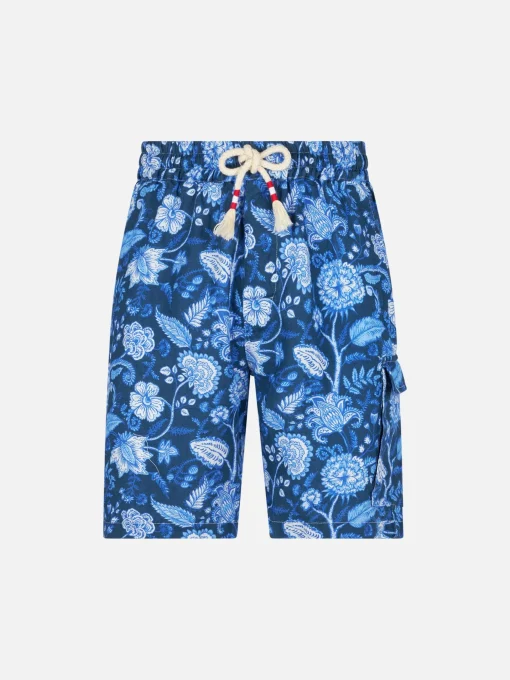 Bermuda da uomo in lino blu con stampa fiori