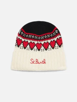 Berretto da donna bianco con stampa cuori fair isle