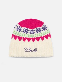 Berretto da donna bianco con stampa cuori fair isle