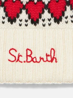 Berretto da donna bianco con stampa cuori fair isle