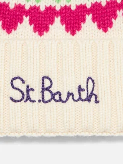 Berretto da donna bianco con stampa cuori fair isle