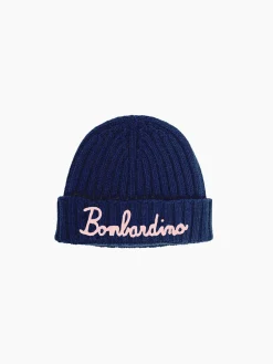 Berretto da donna blu navy misto Cashmere ricamo Bombardino rosa
