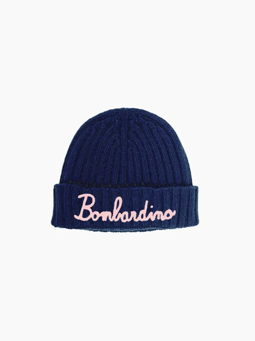 Berretto da donna blu navy misto Cashmere ricamo Bombardino rosa