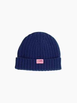Berretto da donna blu navy misto Cashmere ricamo Bombardino rosa