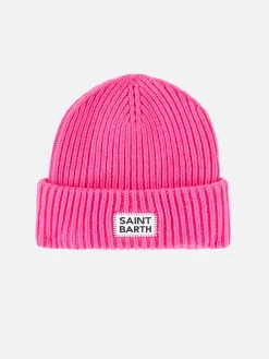 Berretto da donna rosa fluo a coste con etichetta Saint Barth