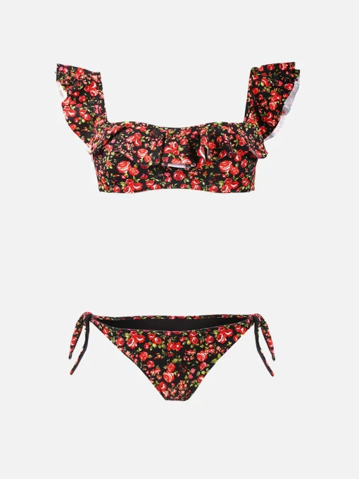 Bikini a fascia con volant stampa fiori
