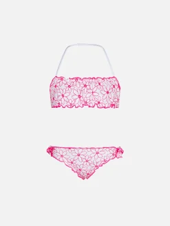 Bikini a fascia da bambina con ricamo margherite