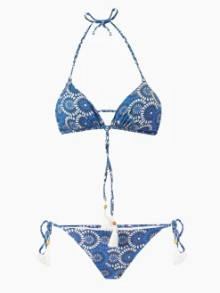 Bikini a triangolo con stampa denim a fiori