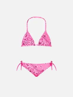 Bikini a triangolo da bambina con stampa bandana rosa fluo