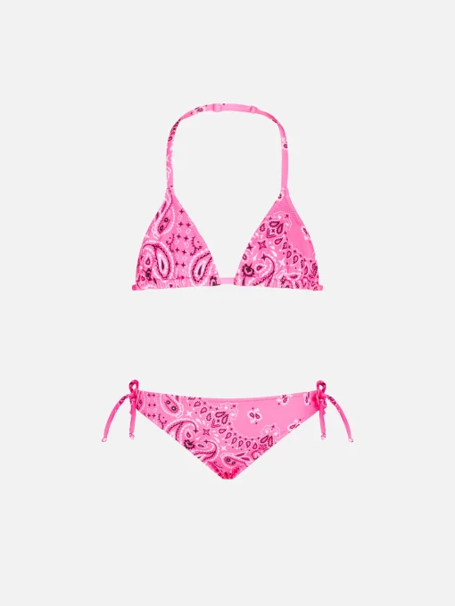 Bikini a triangolo da bambina con stampa bandana rosa fluo
