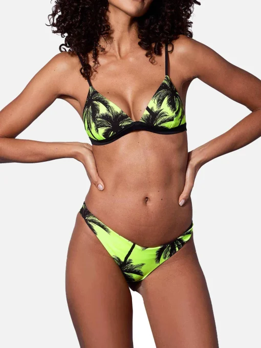 Bikini a triangolo giallo fluo stampa palme