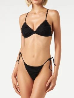 Bikini a triangolo nero risvolto con tulle lucido nero