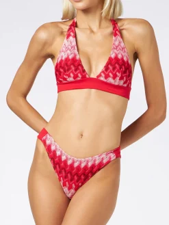 Bikini a triangolo rosso multicolore in maglia chevron