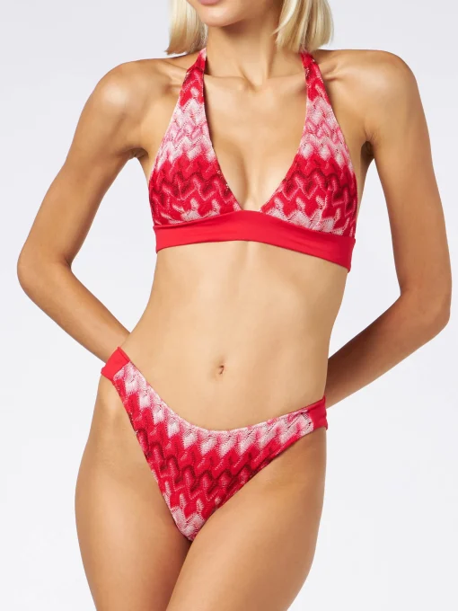 Bikini a triangolo rosso multicolore in maglia chevron