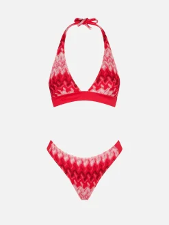 Bikini a triangolo rosso multicolore in maglia chevron