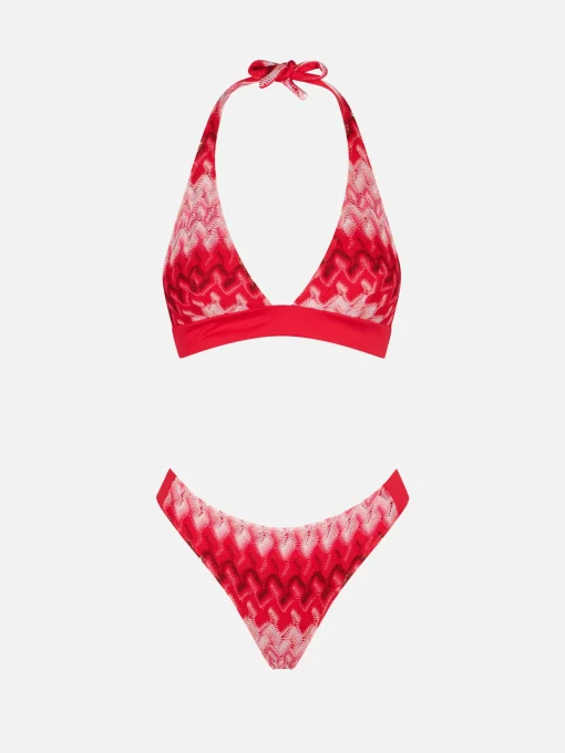 Bikini a triangolo rosso multicolore in maglia chevron