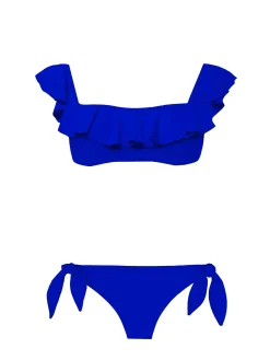 Bikini bluette con volant e spalle scoperte