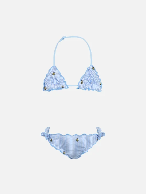 Bikini classico a triangolo da bambina in seersucker Cris con ricamo ape