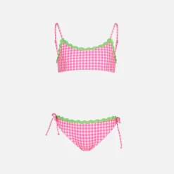 Bikini da bambina a bralette con fantasia Vichy bianca e fucsia
