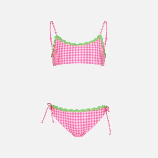 Bikini da bambina a bralette con fantasia Vichy bianca e fucsia