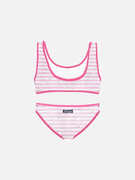 Bikini da bambina a bralette rigato crinkle con piping