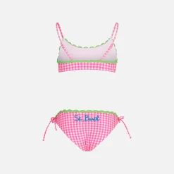 Bikini da bambina a bralette con fantasia Vichy bianca e fucsia