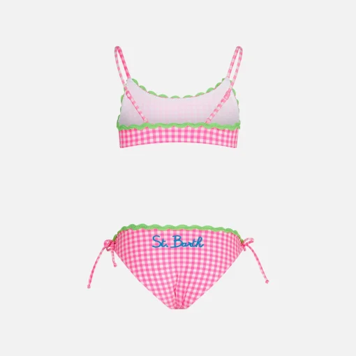 Bikini da bambina a bralette con fantasia Vichy bianca e fucsia