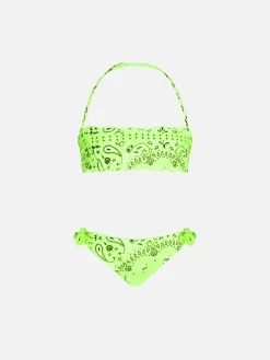 Bikini da bambina a fascia con stampa bandana giallo fluo
