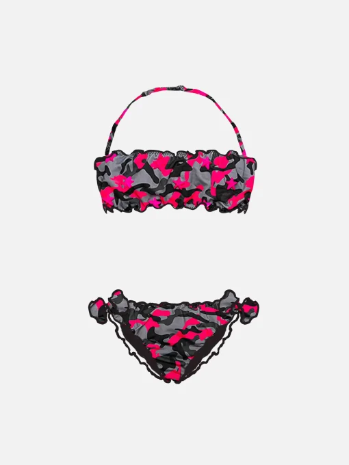 Bikini da bambina a fascia con stampa mimetica fucsia