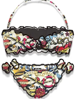 Bikini da bambina a fascia con stampa tattoo