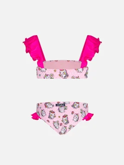 Bikini da bambina a fascia con volant e stampa unicorni