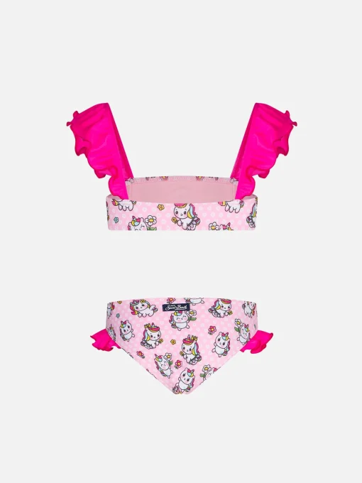 Bikini da bambina a fascia con volant e stampa unicorni