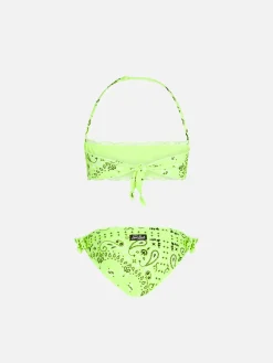 Bikini da bambina a fascia con stampa bandana giallo fluo