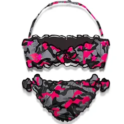 Bikini da bambina a fascia con stampa mimetica fucsia