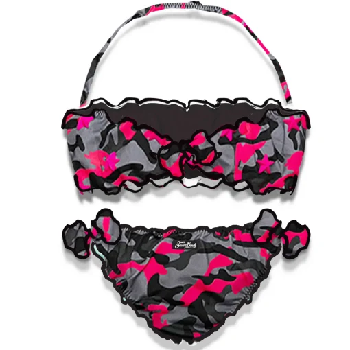 Bikini da bambina a fascia con stampa mimetica fucsia