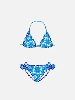 Bikini da bambina a triangolo con stampa maiolica