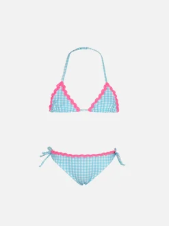 Bikini da bambina a triangolo con stampa vichy celeste
