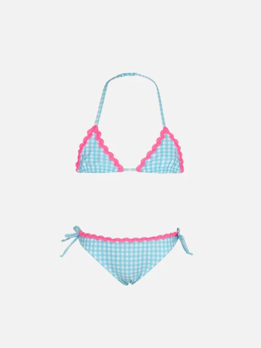 Bikini da bambina a triangolo con stampa vichy celeste