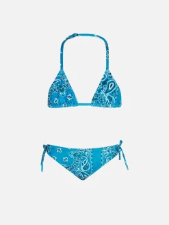 Bikini da bambina a triangolo con stampa bandana in denim