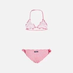 Bikini da bambina a triangolo con stampa vichy rosa